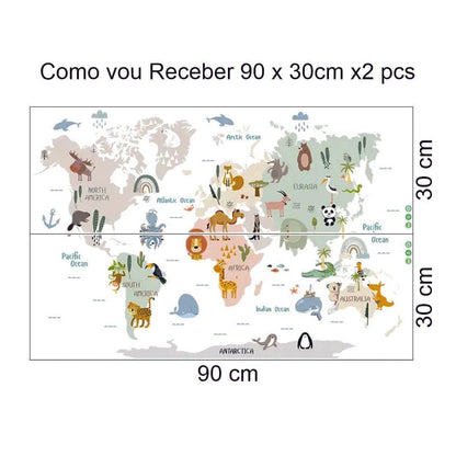 Adesivo de Parede Animais Mapa-Mundi Quarto do Bebê